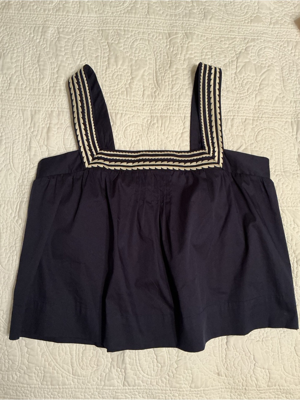 Caroline Constas Embroidered Trim Navy Crop Tank Swing Top, Large